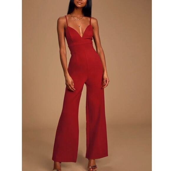 Lulus Classic Babe Wine Red Sleeveless Wide Leg Jumpsuit Size M - Picture 3 of 13